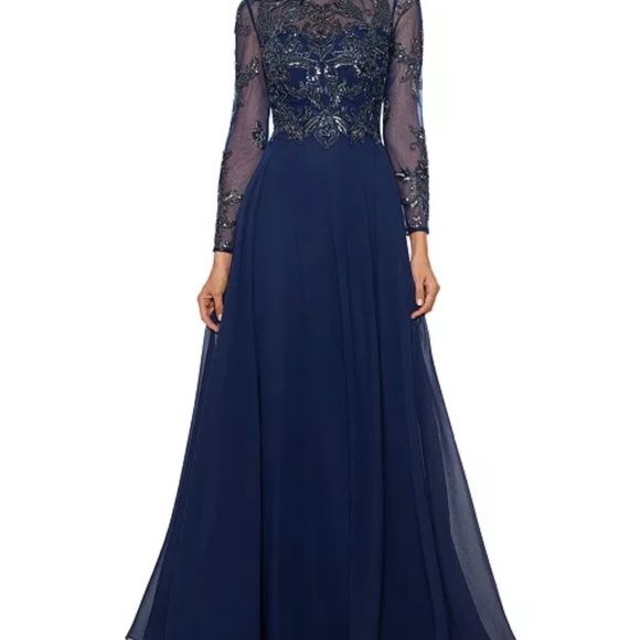 XSCAPE Petite Mesh-Sleeve Embellished Gown